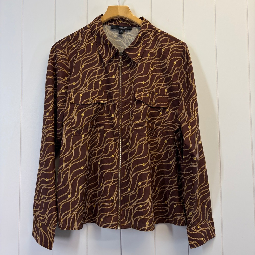 Marc New York Quiet Luxury Chain Print Full Zip Blouse Women Size XL Career Chic